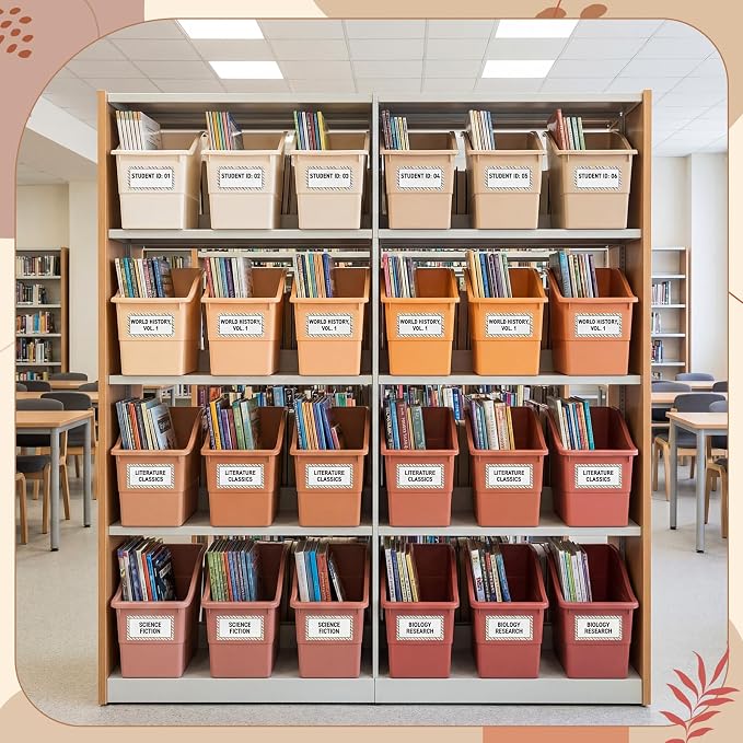 Blosssound 24 Set Book Bins for Classroom Stackable,Earth Tones | Plastic Baskets with Labels, Slanted Front, Library Supplies Organizers, Desktop Storage Bins, Teachers Home School Use