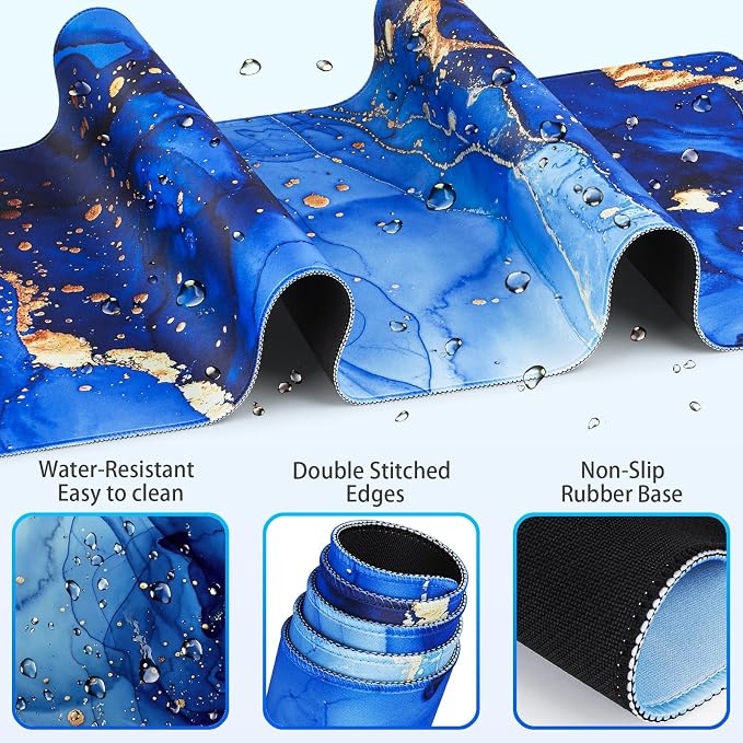 Desk Mat Blue, Large Gaming Mouse Pad with Wrist Rest, 4in1 XXL | Mousepad+Keyboard Wrist Rest+Mouse Pad Wrist Support+Cup Coaster Set Ergonomic Computer Desk Arm Wrist for Decor Office Women