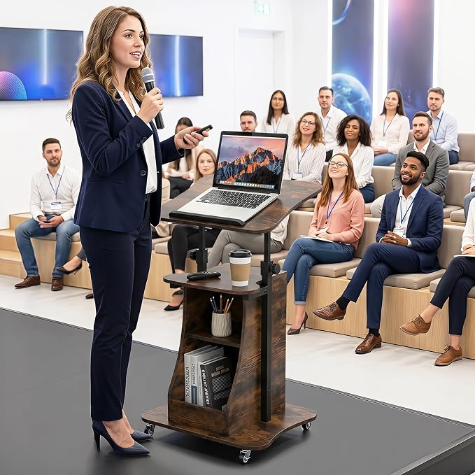 Tangkula Mobile Lectern Podium, Height Adjustable Podium Stand, Sit-to-Stand Desk with Tilting Tabletop & Storage Shelves, Rolling Laptop Cart Desk with Lockable Casters for Home Office School