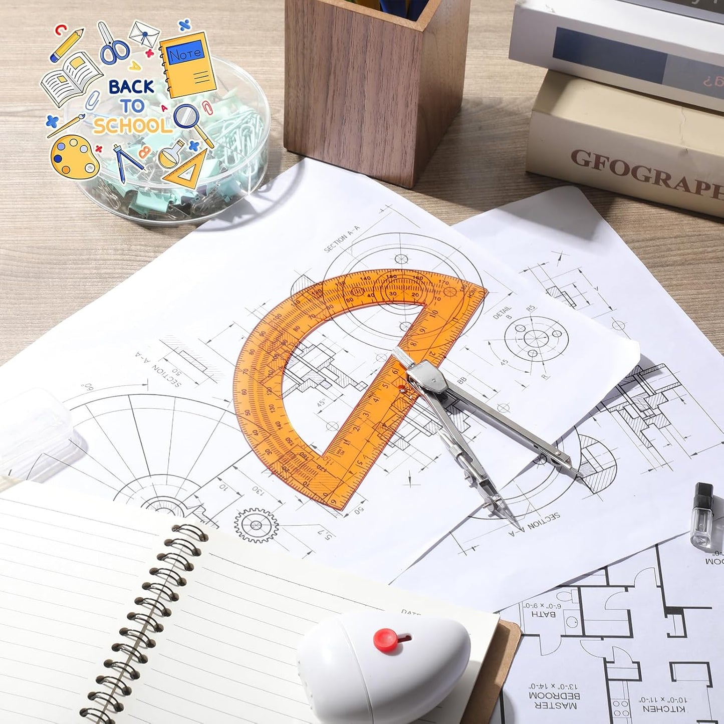 EBOOT Student Geometry Math Set, Drawing Compass and 6 Inch Swing Arm Protractor 180 Degree Math Protractor (Orange)