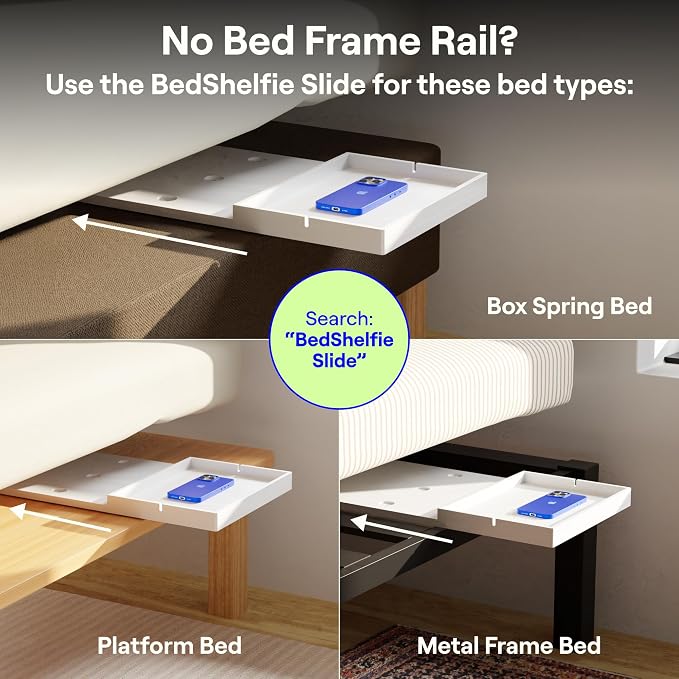 BedShelfie Bedside Shelf for Dorm Room - Cable Catch, White | Bunk Bed & Top Bunk, College Dorm Room Essentials, Bedside Caddy, Clip on Floating Desk Tray, Bed Side Table, Loft Nightstand