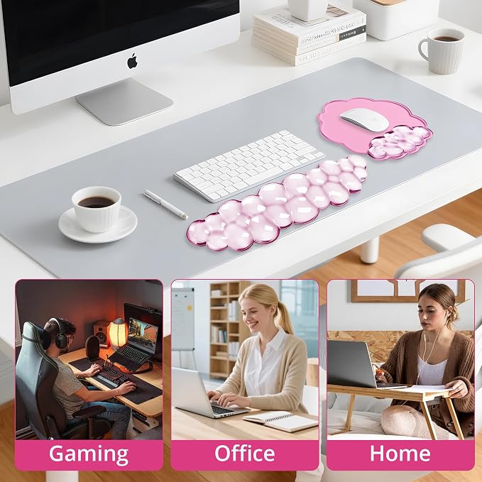 Keyboard Wrist Rest Set — Ergonomic Cloud Wrist Rest Keyboard and Mouse Pad, Non-Slip Desk Accessories for Office and Home（Pink）