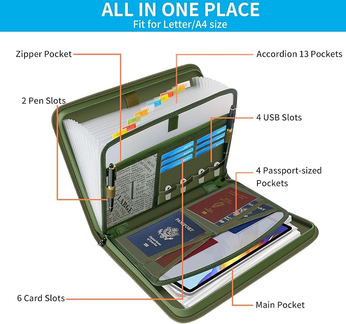 Important Document Organizer with Lock, Fireproof Accordion File Organizer | 13 Pockets Expanding File Folder with Handle & Labels, Portable Travel Business Binder Papers Organizer for Letter A4 Files