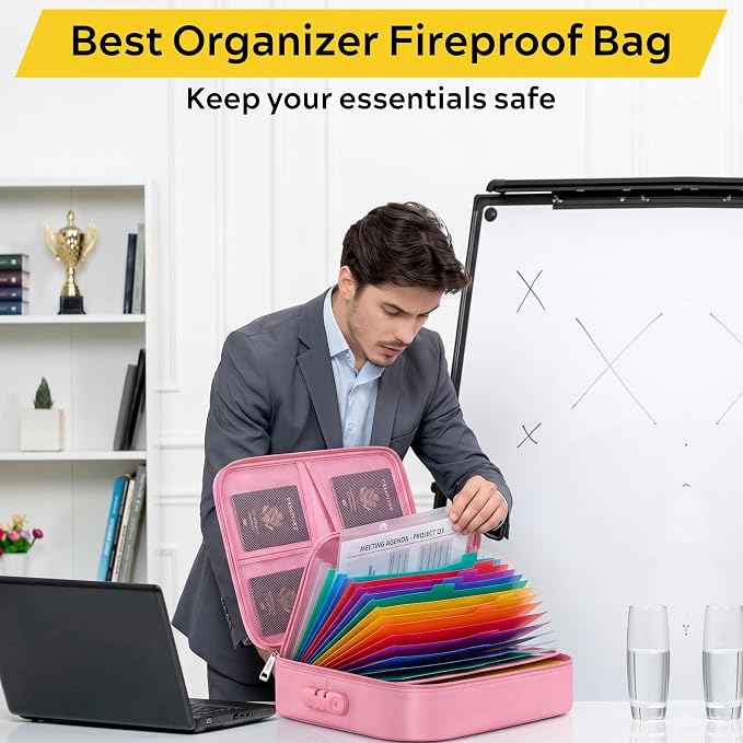 Fireproof Document Box with Lock, 13-Folder File Organizer Bag | 13 accordion folders for passports, certificates, cash & important documents, ideal for home office travel storage