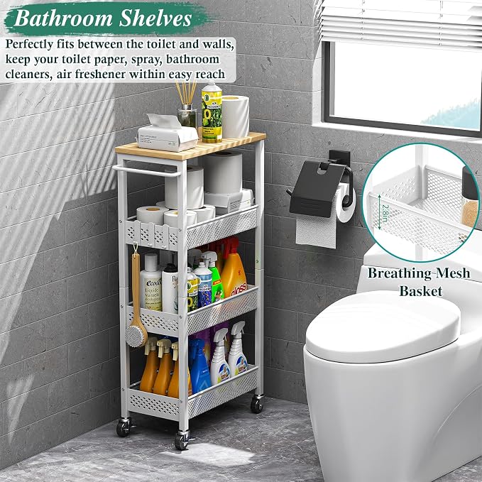 OKZEST 4-Tier Slim Rolling Storage Cart for Laundry Room, Bathroom, Kitchen | Upgraded metal hub casters, Narrow utility cart for small space/gaps, Premium wood top & metal mesh shelf, with handle & hook