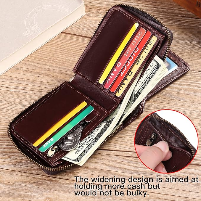 GOIACII Zipper Wallet for Men Genuine Leather RFID Blocking Mens Wallet with Zipper Coin Pocket ID Window Zipper Wallets Large Capacity