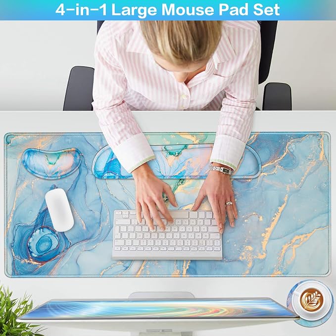 4 in1 Desk Mat Blue, Large Gaming Mouse Pad with Wrist Rest, | XXL Mousepad+Keyboard Wrist Rest+Mouse Pad Wrist Support+Cup Coaster Ergonomic Computer Desk Arm Wrist for Decor Office Women