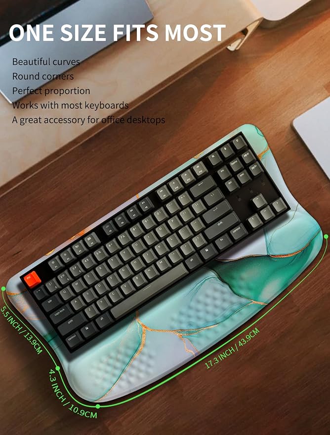 Ergonomic Wave Wrist Rest with Keyboard Stand, Cushioned Palm Rest, Comfortable Integrated Memory Foam for Natural Typing and Relieve Wrist Pain, Green Gold Marble