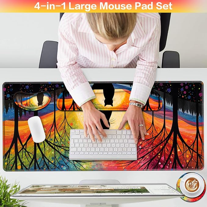 Mouse Pad with Wrist Rest Black Cat, 4-in-1 Large Mousepad Keyboard | Wrist Rest+Mouse Pad Wrist Support+Cup Pad Set,Ergonomic Mousepad,Memory Foam Desk Mat for Home Office Gaming(35.4×15.7in)