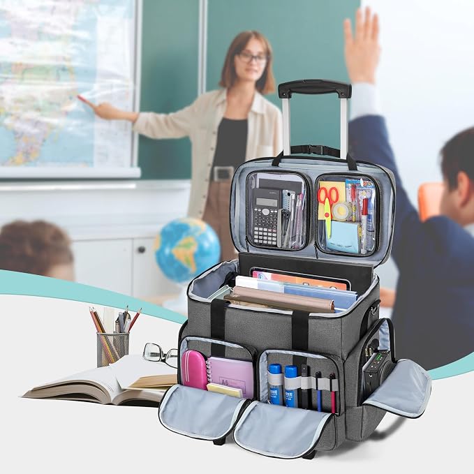 Rolling Teacher Tote Bag with 2 Detachable Pouches for Work, Gray | Wheeled Teacher Uility Bag with 15.6" Padded Laptop Sleeve, Large Briefcase with Detachable Trolley for Women