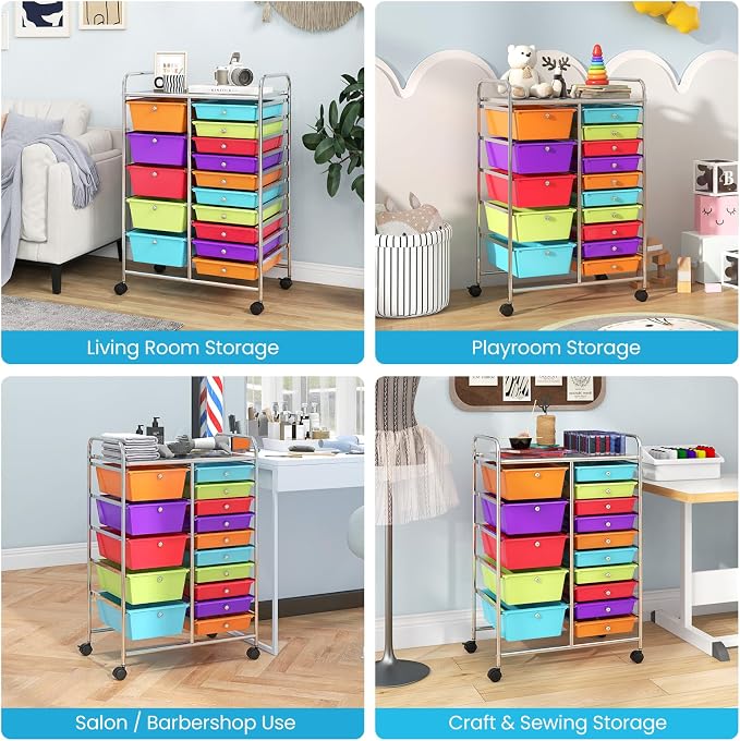 BECOMFORT 15-Drawer Rolling Cart with Drawers, Storage Cart on Wheels, Teacher Classroom Organizers with Metal Frame, Mobile Craft Cart for Tools, Trolley Utility Cart for School Office Play Room