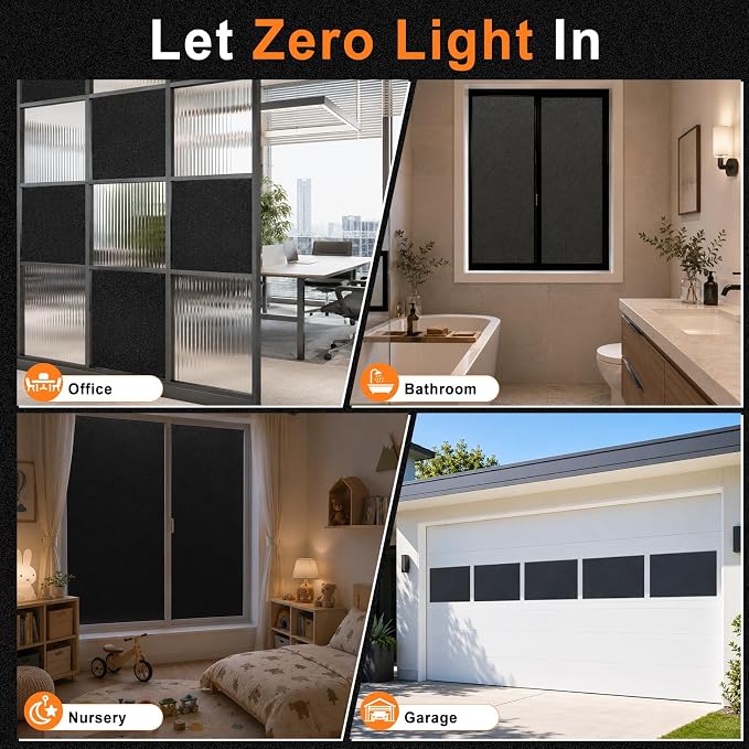 Blackout Window Privacy Film, Removable Window Cover Static Cling, Darkening Light Heat Blocking, Window Tint for Home Garage Bedroom Day Sleep, Black 29.5 Inch * 157.4 Inch