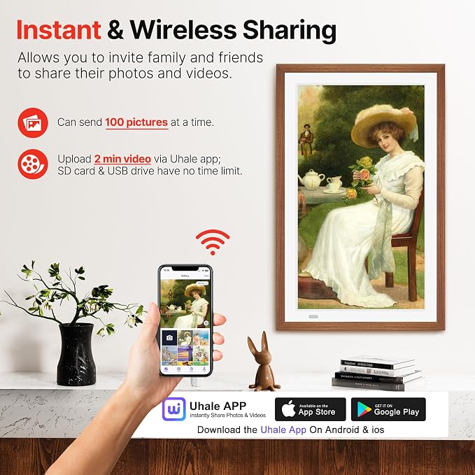 FANGOR 21.5" Large Digital Picture Frame 64GB, WiFi Photo Frame 1920x1080 FHD IPS Display with Remote Control, Auto-Rotate, Wall Mounted, Share Photos/Videos Via Uhale App/USB/SD (No Touch Screen)