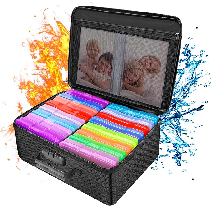 ENGPOW Fireproof Photo Storage Box with Lock,Photo Box Organizer with Divider＆Mesh Bag,Collapsible Portable Photo Storage Containers with Handle for Photos, Picture,Scrapbook,Art,Craft(Box Only)