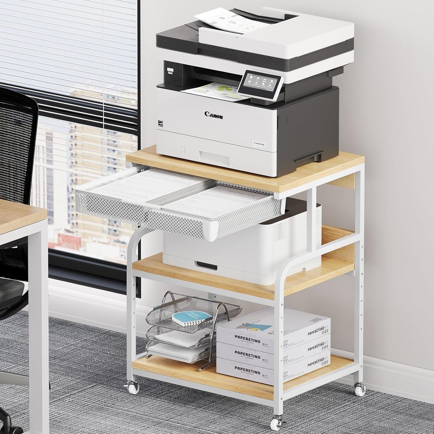 EasyCom Extra Large 3 Tier Printer Table with Wheels, 5-Adjustable Heights, Drawer & Storage for Printer Scanner Fax Home Office Use