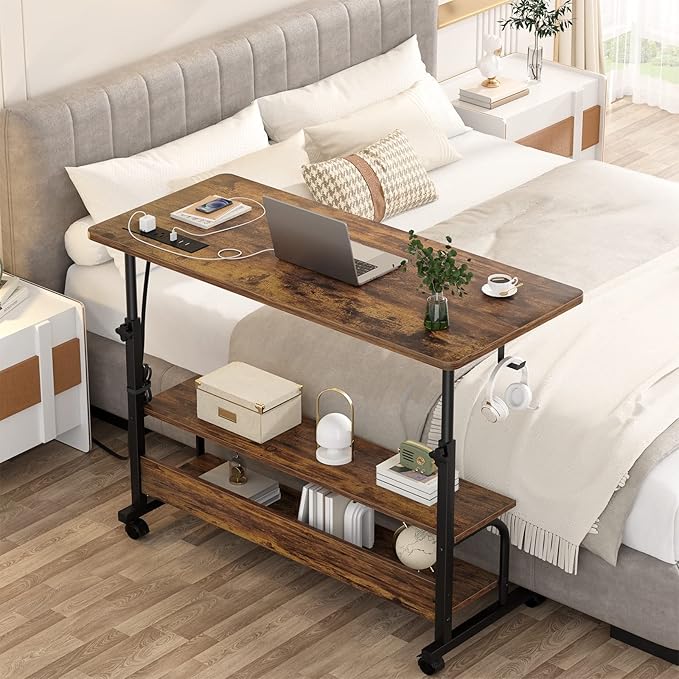 Armocity Height Adjustable Standing Desk with Power Outlets, 39" Manual Stand Up Desk with Storage Shelves Small Mobile Rolling Computer Desk Portable Laptop Table with Wheels for Home Office, Rustic