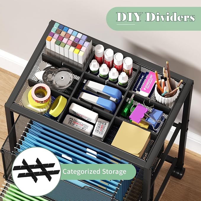 Rolling File Cart with 2 Drawers, Under Desk Storage Cabinet with DIY Divider, Letter/Legal Mobile Filling Cabinet on Wheels, Hanging File Folders Organizer, Metal Utility Cart for Home Office, Black