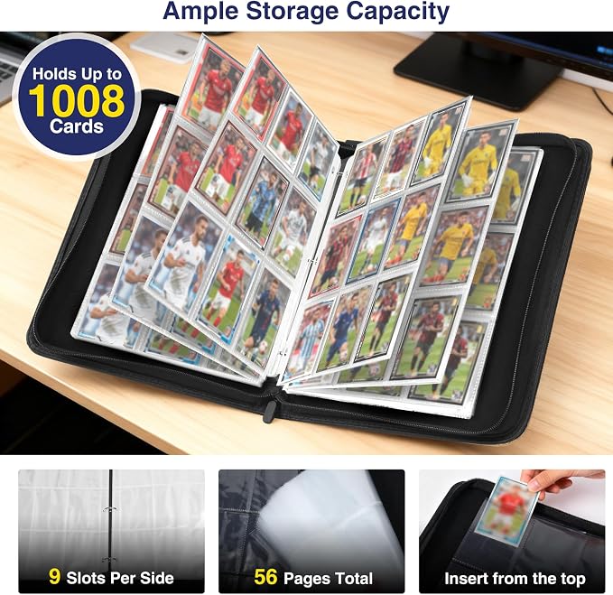 MAXECHO 9 Pocket Trading Card Binder, 1008 Pockets in 56 Removable Double-Sided Sleeves, PU Zip Card Collection Storage Organizer Album for Baseball, MTG, TCG, Sports. Gold