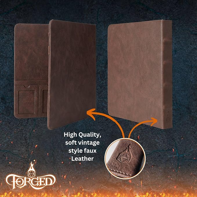 Forged Dice Co. Game-Folio PU Leather Portfolio Binder - Gaming Binder for DND Character Sheets with DND Spell Cards Organizer and Clear Front Pocket - Compatible with Dungeons and Dragons RPG Pewter