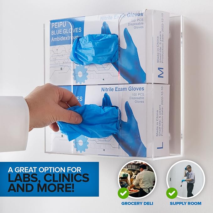 Stock Your Home Double Acrylic Gloves Dispenser, Tissue Box Shelf, Glove Holder Wall Mount, For Kitchen, Cleaning Closet, Lab, Exam, Office