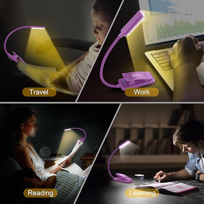 Gritin 9 LED Rechargeable Book Light for Reading in Bed - Eye Caring 3 Color Temperatures,Stepless Dimming Brightness,80 Hrs Runtime Small Lightweight Clip On Book Reading Light-Dark Purple