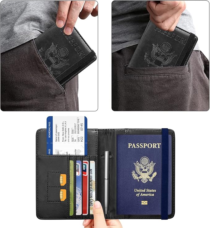 ACdream Passport Holder Cover, Leather Travel Wallet Case, RFID Blocking Document Organizer Protecrtor, with Slots for Credit Cards, Boarding Pass, for Women and Men, Black