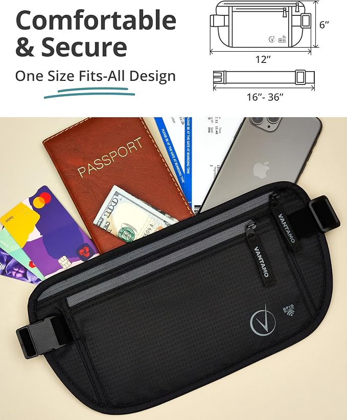 VVantamo Money Belt with RFID For Men & Women, Hidden Passport Holder for Travel, 2 Compartment Travel Fanny Pack for Women Anti Theft