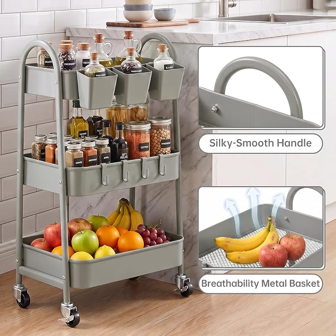 3-Tier Rolling Cart, Metal Rolling Storage Cart with Lockable Wheels & Hanging Cups & Hooks, Mobile Trolley Cart for Kitchen, Bathroom, Office, Workshop, Gray