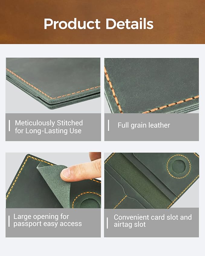 Passport Holder for Travel, Genuine Leather Passport Wallet Cover Case with Airtag Slot, RFID Blocking, for Women Men, Travel Essentials Gift, Green