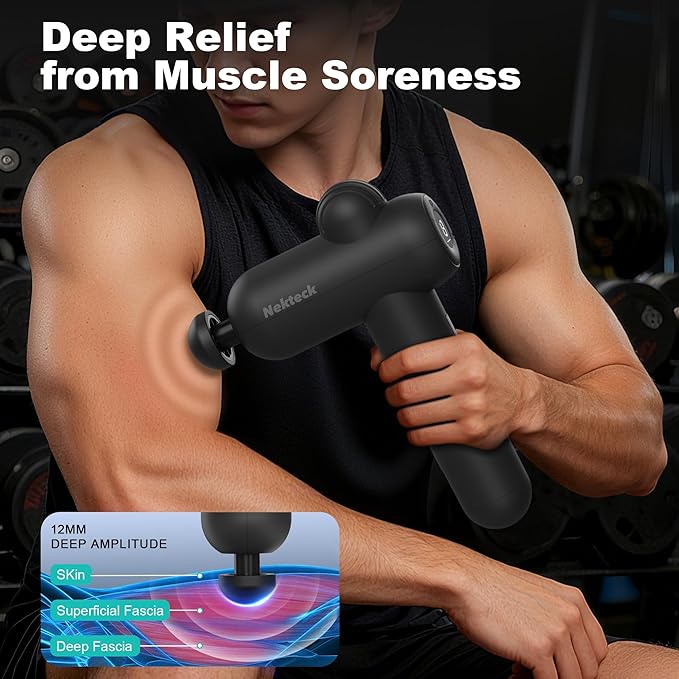 Nekteck Massage Gun Deep Tissue - 12mm Amplitude, 30 Speeds, Full-Body Muscle Relaxation Device with 5-Head for Pain Relief, Quiet USB-C Rechargeable Percussion Muscle Massager for Home Office Travel