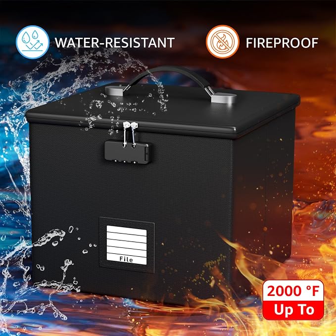 2 Pack Fireproof Document Box File Organizer - Portable Waterproof Fire Safe Locking Filing Storage Box with Handle for Hanging Letter Size Folder Important Document