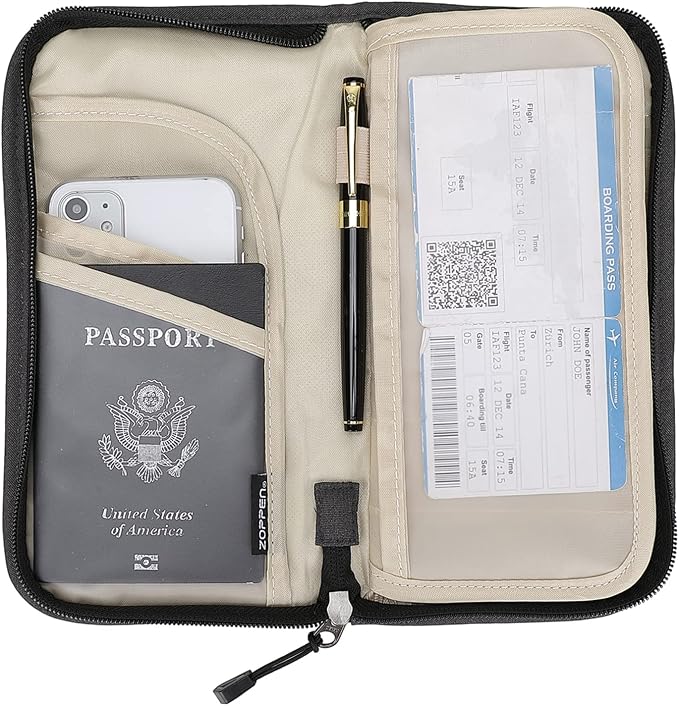Passport Holder Family RFID Passport Wallet, Passport Holder Women/Men, Travel Wallet Documents Organizer Zipper Case with Removable Wristlet Strap, Travel Essentials for Flying