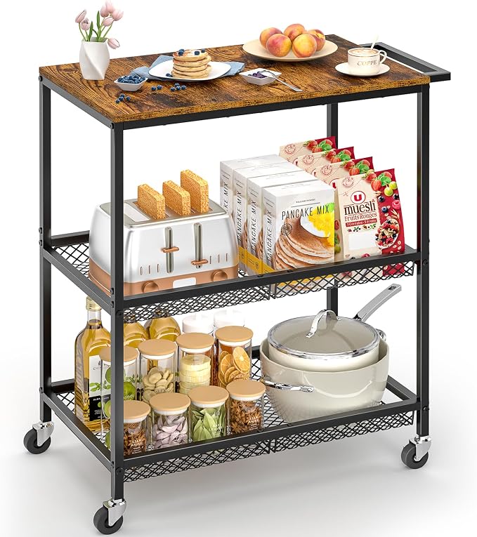 3 Tier Rolling Utility Kitchen Cart on Wheels, Heavy Duty Wire Rolling Cart with Wooden Top, Commercial Metal Serving Cart with Handle, Kitchen Island Food Storage Trolley for Laundry, Office, Garage