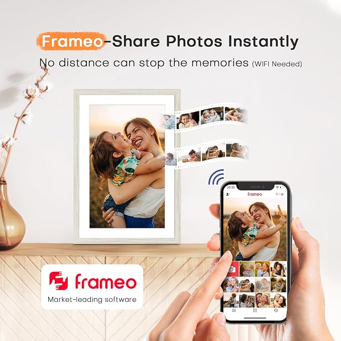 Frameo 10.1 Inch WiFi Digital Picture Frame, Frameo Digital Frame WiFi, 1280x800 HD Touch Screen, 32GB, Instant Sharing Electronic Photo Frame, Auto-Rotate, Wall Mountable, Mom Gifts, White Woodgrain