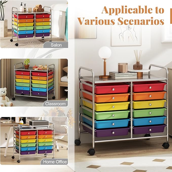COSTWAY 12-Drawer Rolling Storage Cart, Utility Storage Organizer Cart | For Tools, Scrapbook, Paper, Craft, Multipurpose Art Supply Organizer on Wheels for Home Office School, Teacher, Multicolor