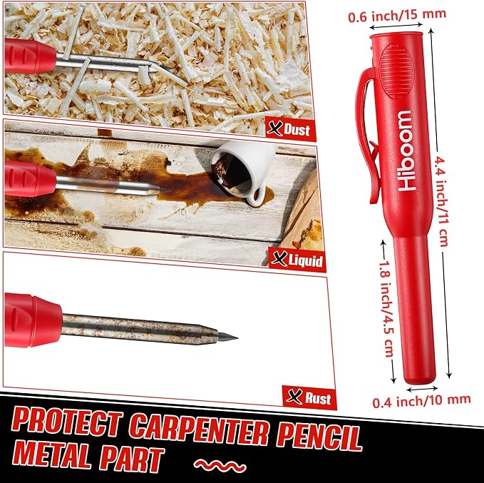 Hiboom 3 Pack Solid Carpenter Pencils with Pencil Cap and 21 Refills | Built-In Sharpener, Long Nose Deep Hole Marking, Protective Belt Caps, Mechanical Construction Pencil, Woodworking Tools