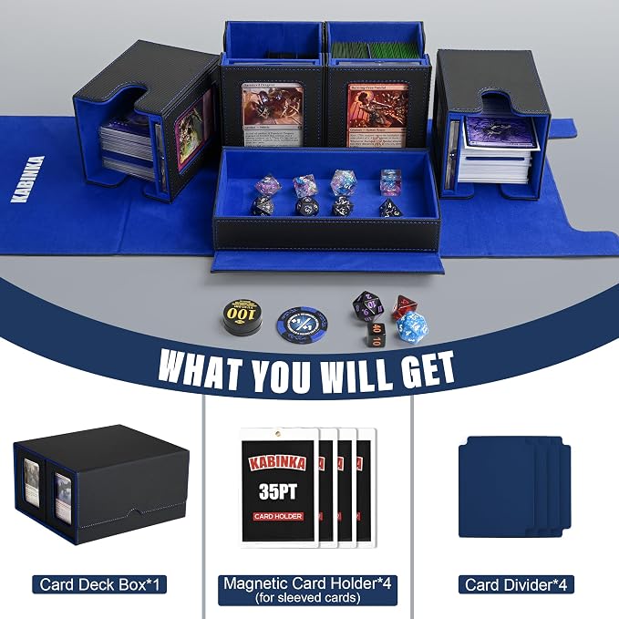 Kabinka Card Deck Box for MTG Commander, Holds 400+ Double-Sleeved Cards, 5 IN 1 Detachable Card Case with Dice Tray, Fits Magic/TCG Cards, 4 Magnetic Card Holders & Dividers (Black Blue)