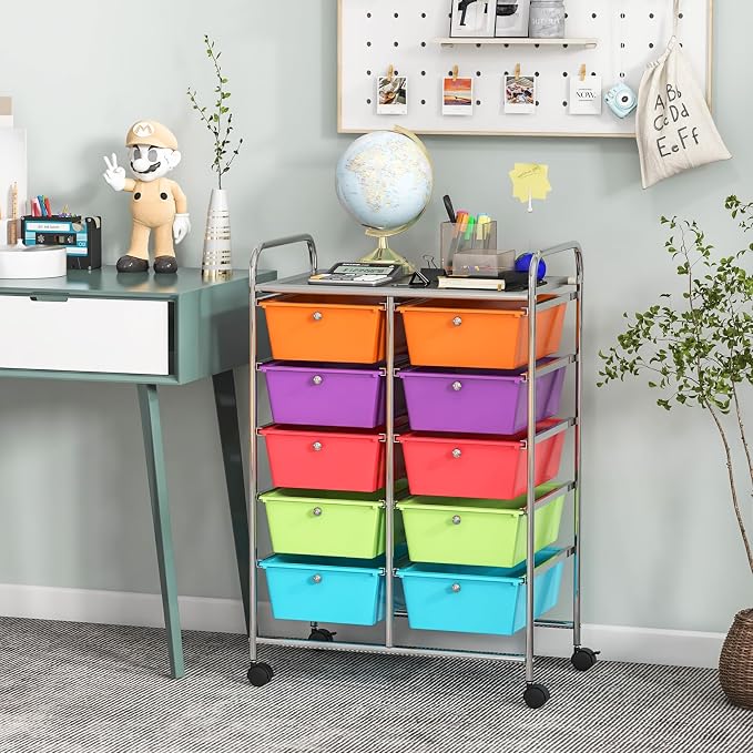 COSTWAY 10 Drawer Rolling Storage Cart, Utility Cart with Lockable Wheels | Mobile Art Supply Craft Organizer with Metal Frame, Multipurpose Drawer Cart for Paper for Office, School, Multi-color