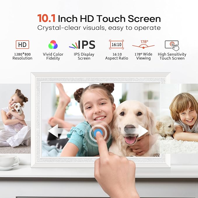 Frameo 10.1" Digital Picture Frame, Smart WiFi Digital Photo Frame with 1280x800 HD IPS Touch Screen 32GB Memory Auto-Rotate Wall Mounted, Share Photos/Videos from Phone Anywhere(White)