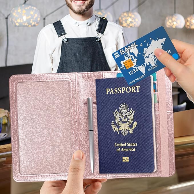 ACdream Passport and Vaccine Card Holder Combo, Cover Case with CDC Vaccination Card Slot, Leather Travel Documents Organizer Protector, with RFID Blocking, for Women and Men, AA-Rose Gold, Compact