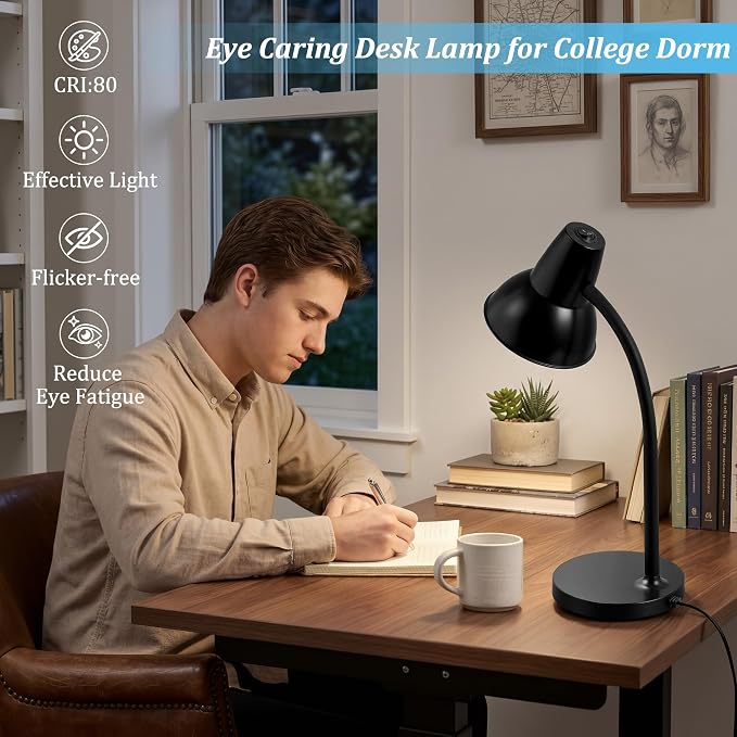 LED Desk Lamps for Home Office, Flexible Gooseneck Eye-Caring Study Lamps | Energy-Saving Desk Light, Anti-tip Heavy Duty Bedside Reading Light, Desk Lamps for College Dorm, Home Office, with 1.6m Cord