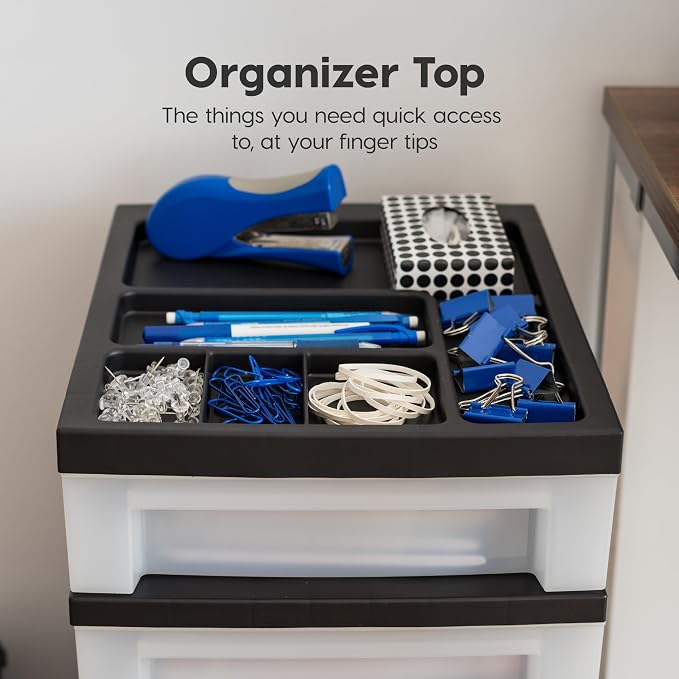 IRIS USA 4-Drawer Rolling Storage Cart with Organizer Top, Black/Pearl | Keep classroom supplies, teacher essentials, craft materials, and learning tools organized with easy-access drawers.