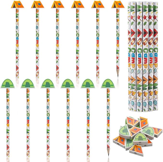 32 Pcs Camp Pencil with Eraser Summer Camping Party Favors Camping Stationery Supplies for School Classroom Exchange Gift Reward Prizes Adventure Vbs Party Supplies