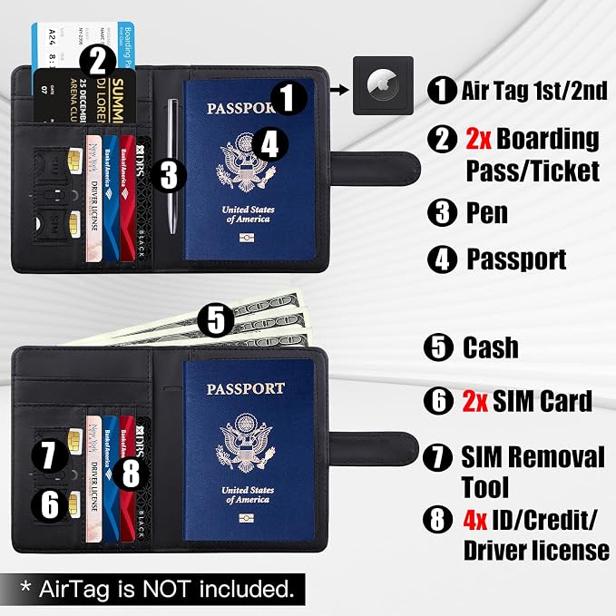 GOAUS Passport Holder for Travel with AirTag Slot, Passport Book Wallet | Cards Cash Pocket, RFID Blocking, Waterproof, Passport Case, Travel Gifts for Women Men, Faux Leather, AirTag Not Included