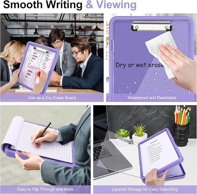 Meiikun Clipboard with Storage, Clip Boards 8.5x11 with Dual Storage, Plastic Clipboards Clear Visible Dry Erase Top Panel, High Capacity Clip Board Organizer for Work School Office (Violet)