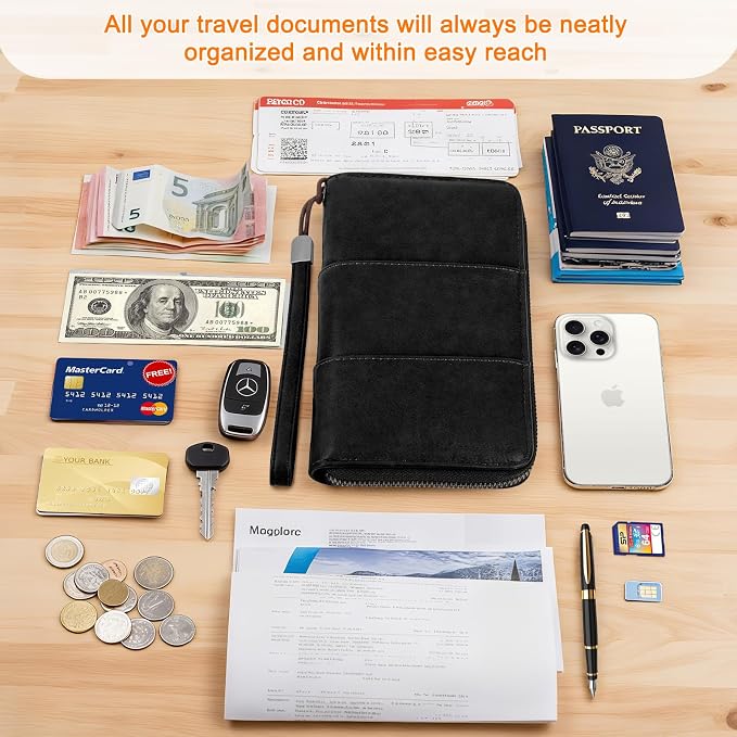 RFID Family Passport Holder Wallet - Travel Document Organizer | PU Leather, with Wristlet, Zipper, Cards, Boarding Pass, ID, Cash, Ticket Pockets,Travel Essentials Gifts for Women Men
