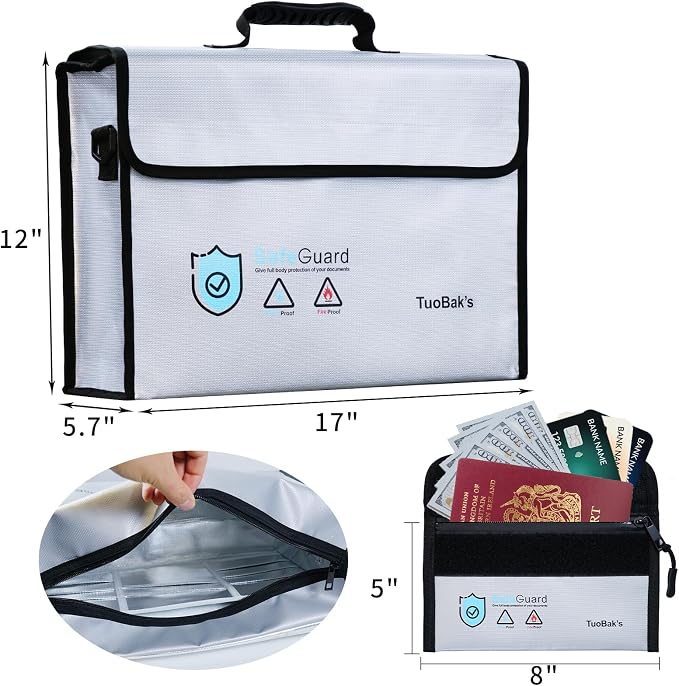 Fireproof Document Bag - Large (17" x 12" x 5.7") Fireproof Waterproof Document Bag,Legal Size Documents and Valuables, Heavy Duty Lightweight Briefcase for Home or Office(Silver）