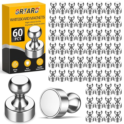 60 Pack Magnets for Whiteboard, Silver Magnetic Push Pins | Whiteboard Magnets, Fridge Magnets, Small and Strong Push Pin Magnet, Sticky Note Holder for Office, School, Refrigerator