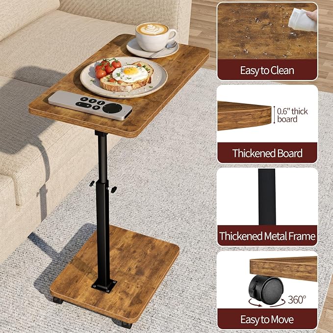 End Table Adjustable Height, 22.8"L Side Table Tv Tray with Wheels, 90° Tilting Panel Couch Table That Slides Under, Small End Table for Small Spaces, Overbed Bedside Desk Mobile Rolling Laptop Stand