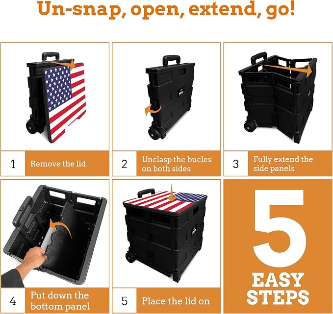 Collapsible Ultra-Slim Pack-N-Roll,2 Wheel Utility Cart w/Lid Used as Seat up to 250 Lbs, Telescopic Handle, Super Strong, for Home,Garden,Shopping,Office,School, Large, American Flag